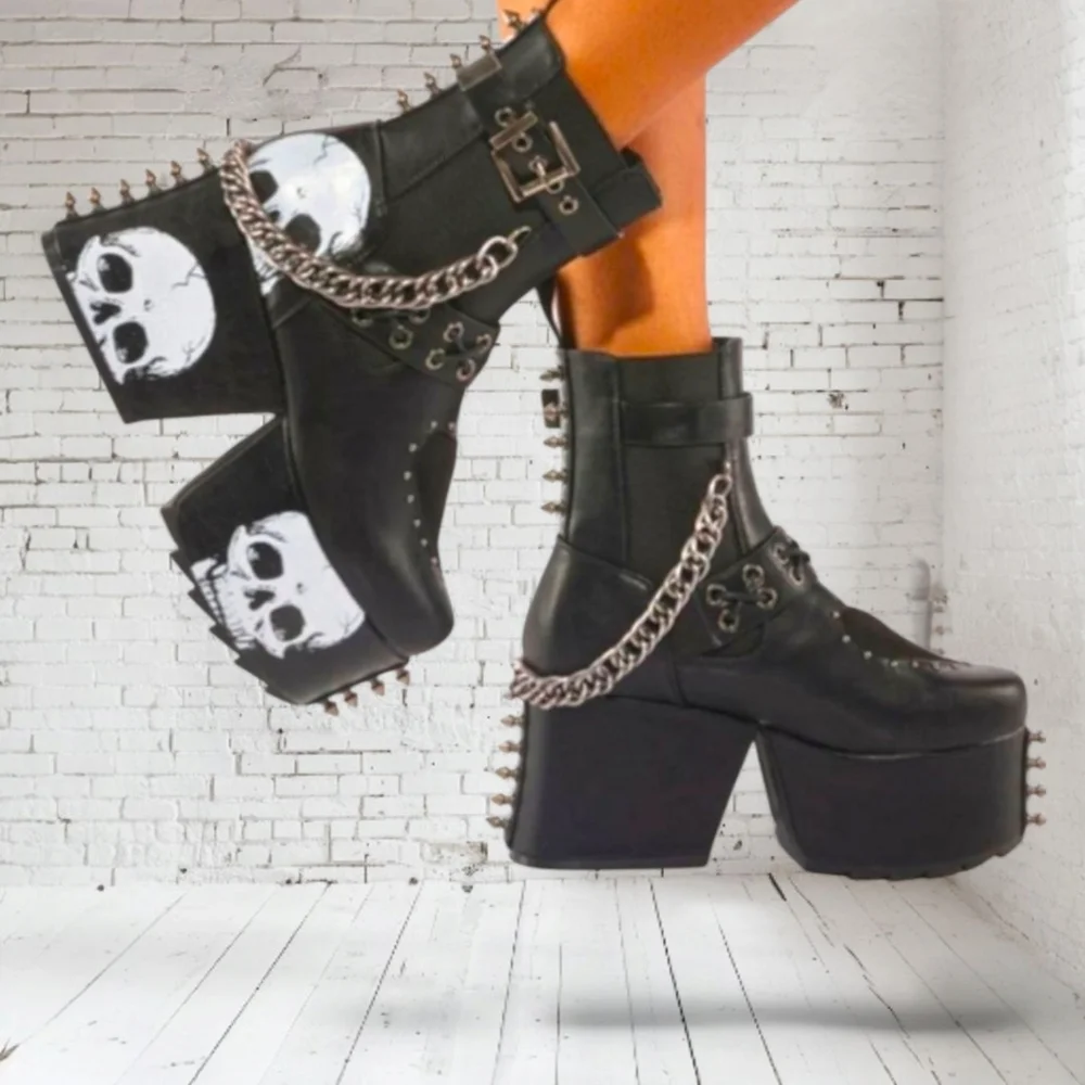 Dolls Kill x Lamoda Platform Skull Chain Spike Ankle Boots Vegan Leather Goth